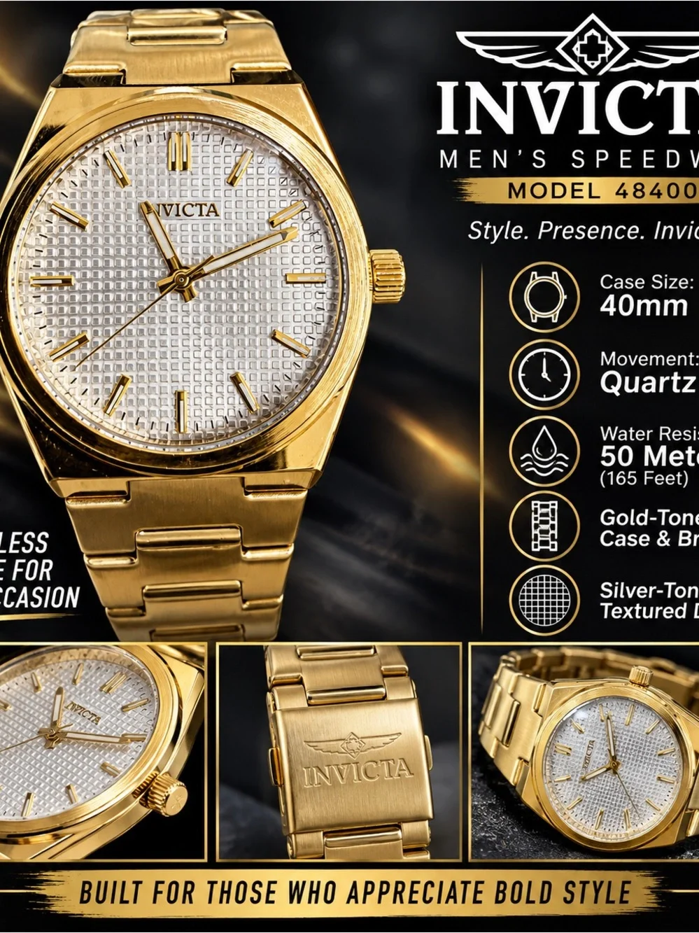 Invicta Men’s Speedway 48400 – Gold Tone  40mm, 50m water resistant